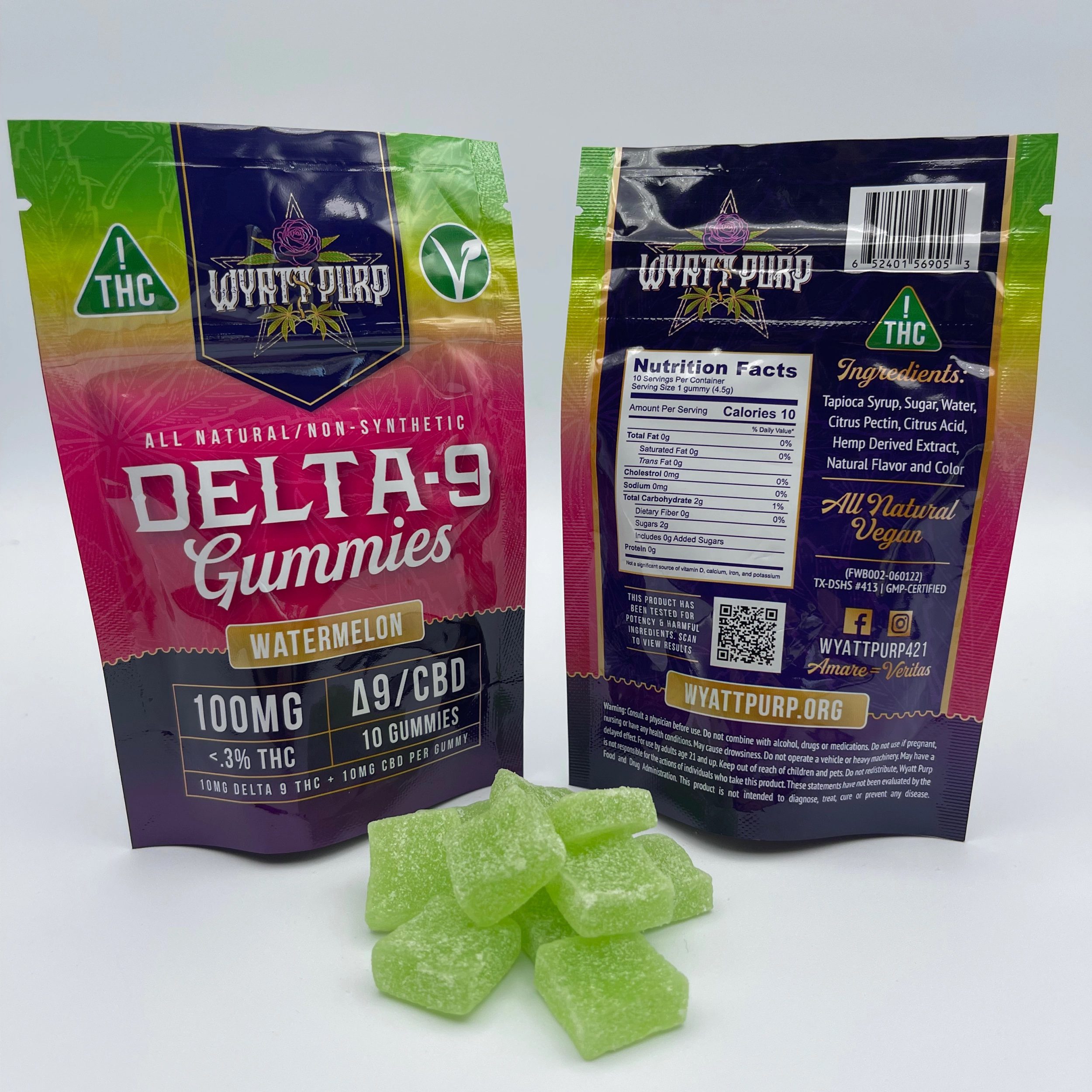 Kush Dispensary Cannabis Hemp Gummies 100mg 10 Count With 10mg D9 And 10mg CBD Each Watermelon